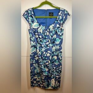 Adrianna Papell Blue Floral Sheath Dress Cap Sleeve Pleated  Neckline Size 4